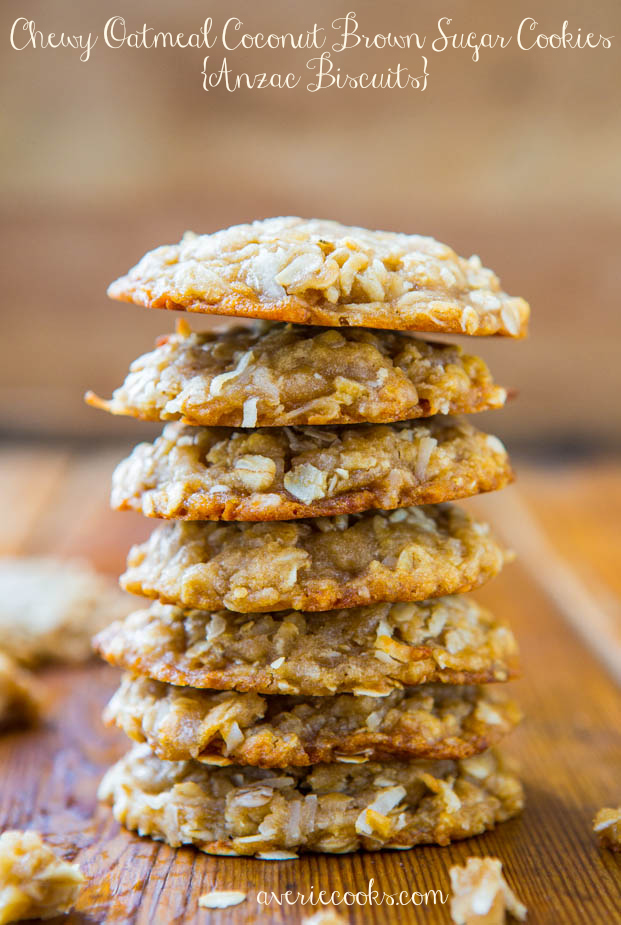 Chewy Oatmeal Coconut Brown Sugar Cookies {Anzac Biscuits} - Soft, Chewy, Easy, No-Egg, No-Mixer Cookie Recipe at averiecooks.com