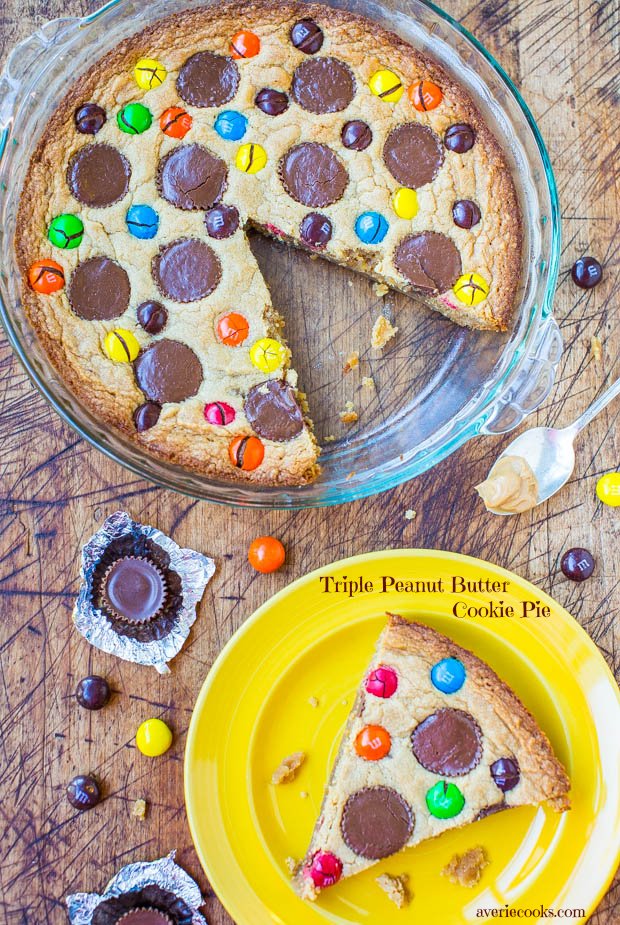 Triple Peanut Butter Cookie Pie - This fast & easy cookie pie has peanut butter worked in 3 different ways. If you're a peanut butter lover, this pie is for you!