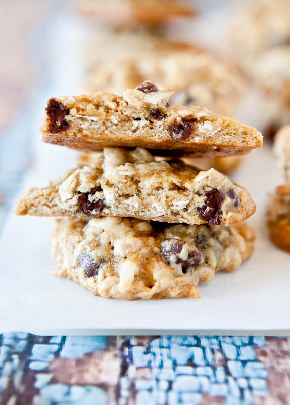 Stacked Coconut Oatmeal Toffee Cookies with one split in half