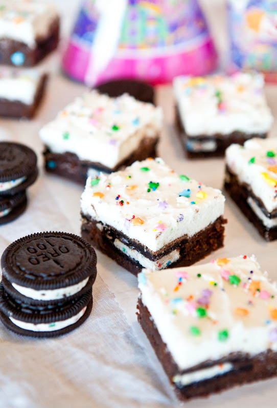 Oreo Cookie-Stuffed Birthday cake Brownies 