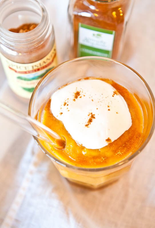 Overhead of Caramel Maple Pumpkin Pie Smoothie topped with whipped cream