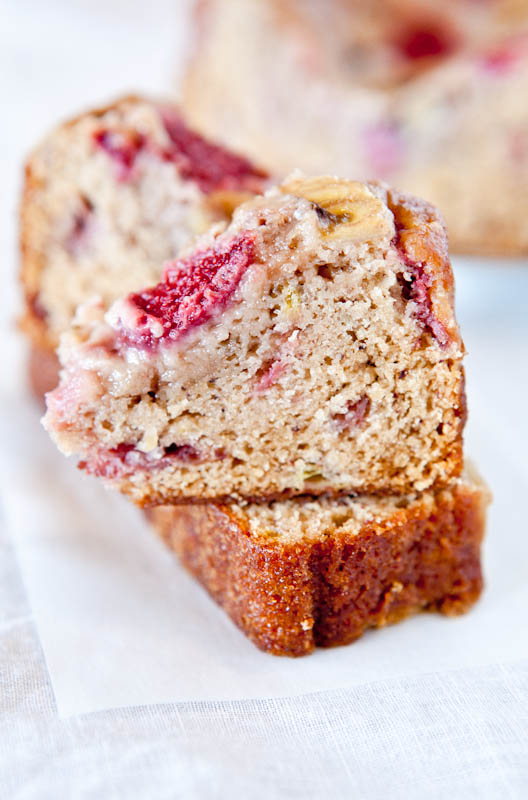 Close up of Strawberry Banana Bread stacked on another slice