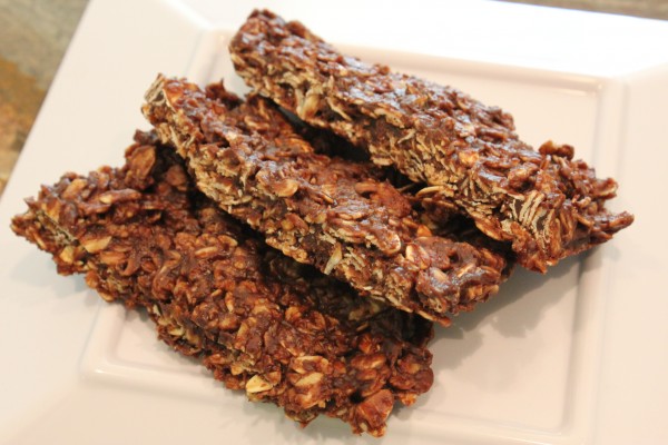 Three Microwave Chocolate Peanut Butter and Oat Snack Bars