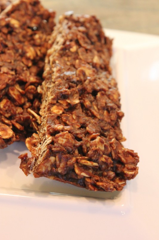 Close up of one Microwave Chocolate Peanut Butter & Oat Snack Bar