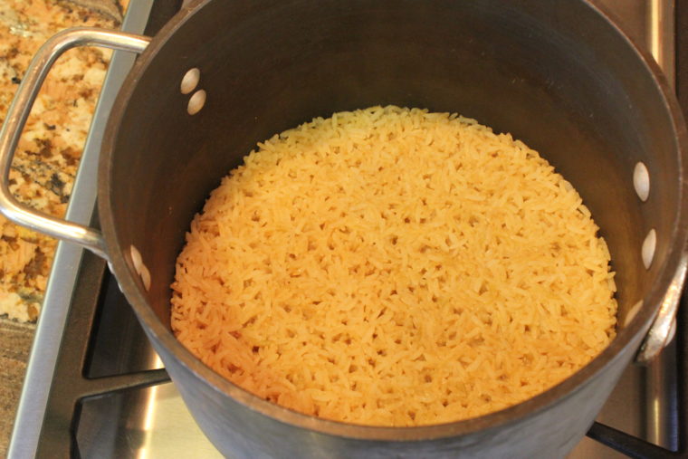 Cooked rice in pot
