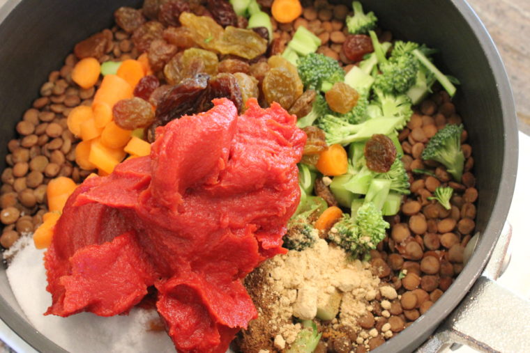 Remaining ingredients added to lentils in pot