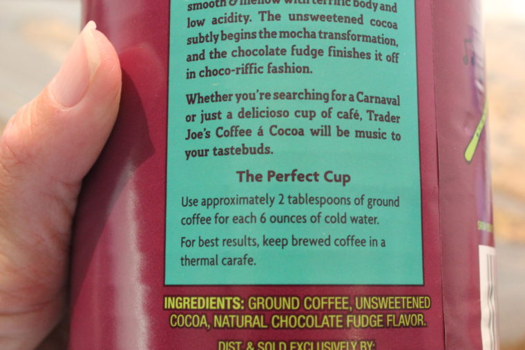 Back label of coffee container