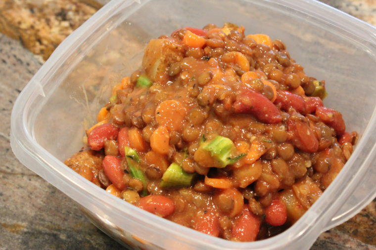 Leftover Ketchup & Mustard Lover's Protein & Veggie Mash in clear container