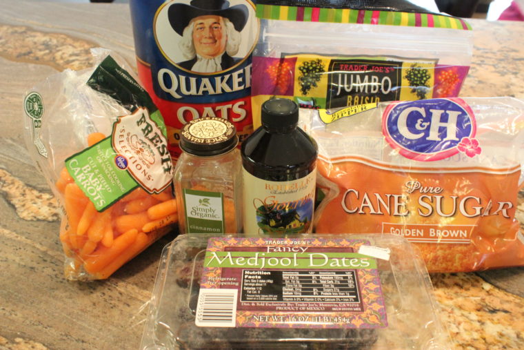 Ingredients needed to make No-Bake Oatmeal Raisin Carrot Cake Bites