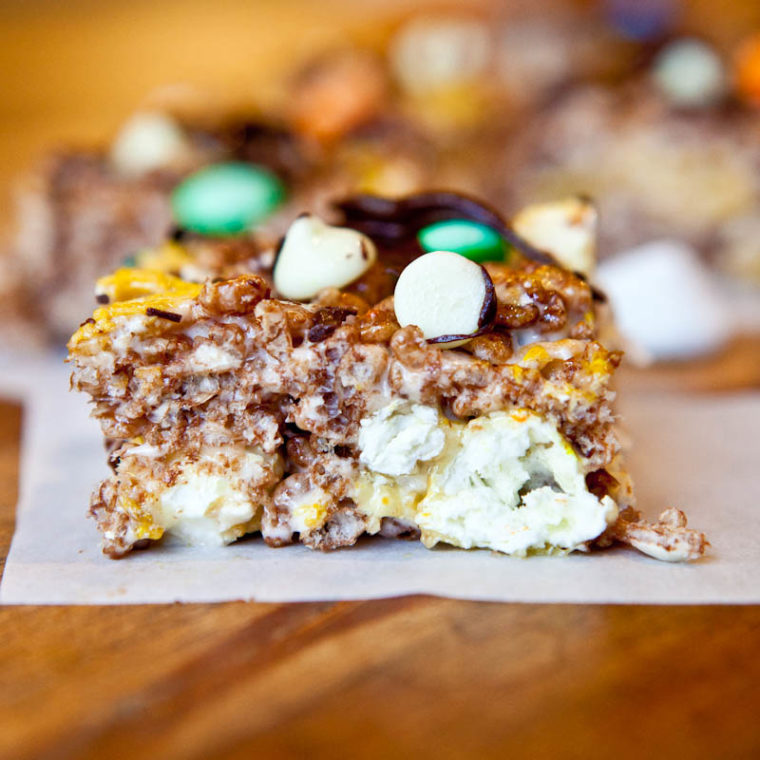 Up close of one Double Chocolate Caramel Corn & Cocoa Rice Krispies Candy Bar
