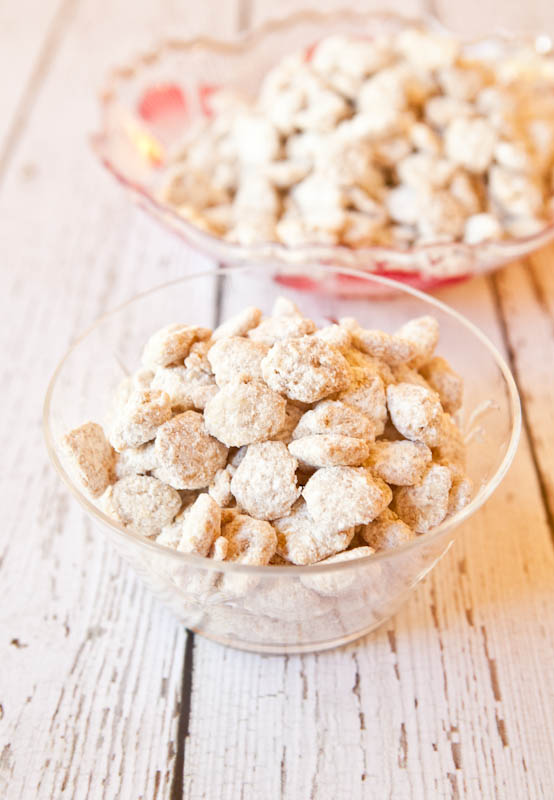 White Chocolate Vanilla Peanut Butter Puppy Chow in clear bowl
