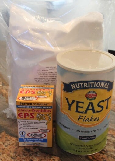 Stevia, probiotics and Nutritional Yeast on countertop
