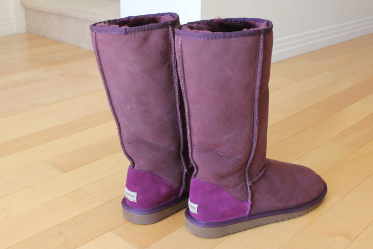 Backside of purple colored boots