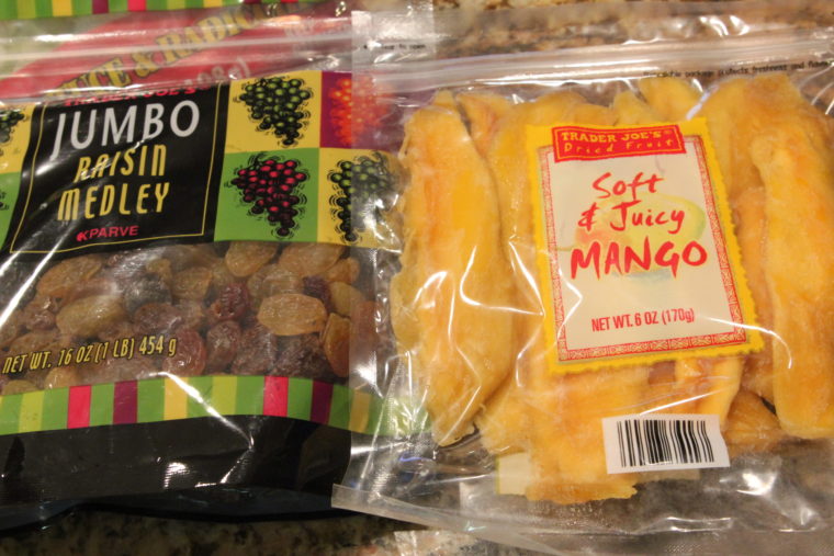 Bags of Jumbo Raisin Medley and Soft & Juicy Mango