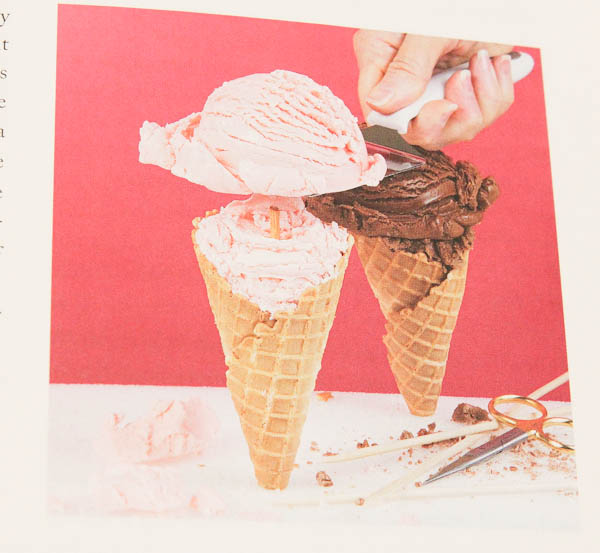Inside book showing how to stack ice cream on cone