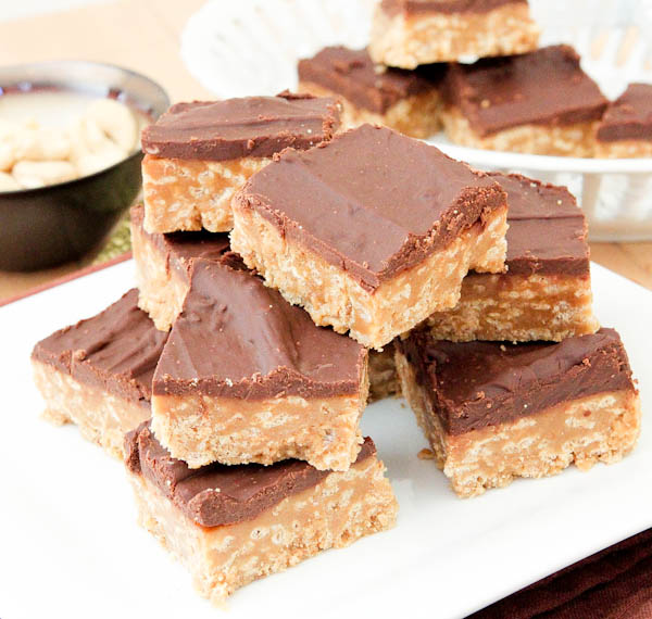 Plate of stacked No Bake Nutter Butter Special K Bars