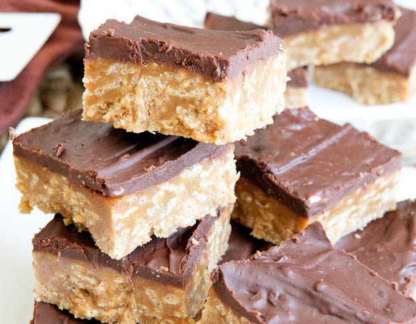 Close up of a few stacked No-Bake Nutter Butter Special K Bars