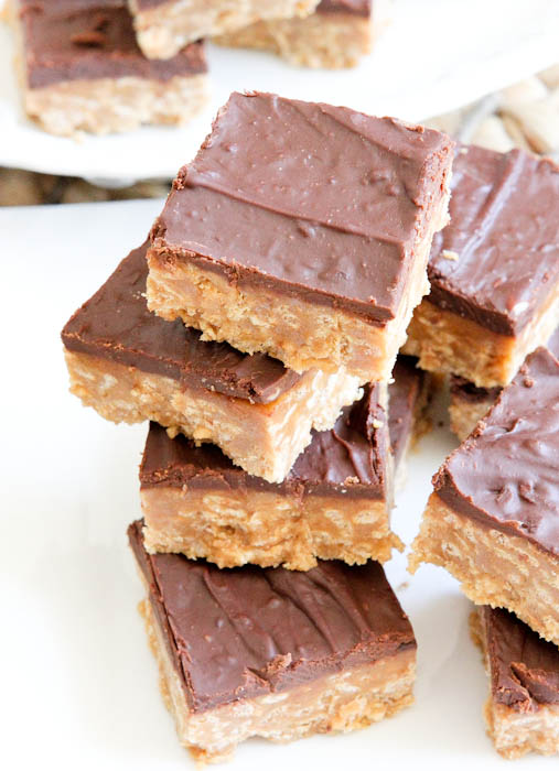 Overhead of stacked No-Bake Nutter Butter Special K Bars