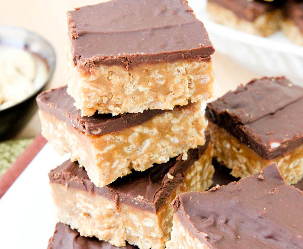 Close up of stacked No-Bake Nutter Butter Special K Bars