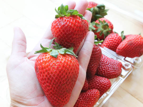 Hand holding two strawberries
