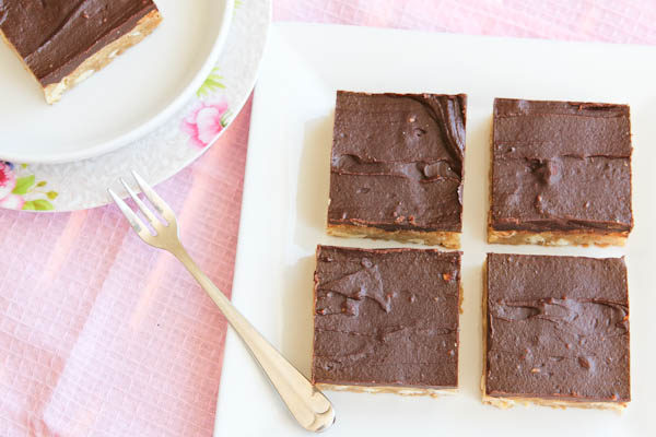 White Chocolate Blondies with Chocolate Peanut Butter Frosting with fork