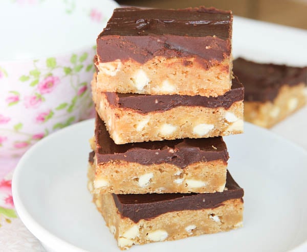 White Chocolate Blondies with Chocolate Peanut Butter Frosting stacked