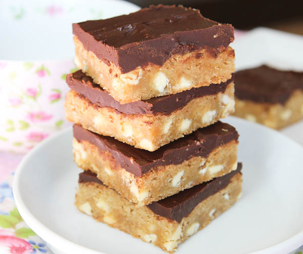 White Chocolate Blondies with Chocolate Peanut Butter Frosting stacked