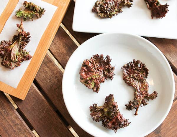 chocolate coconut kale chips on wood and white plate
