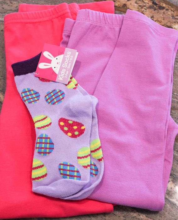 Pink and purple pants with easter egg socks
