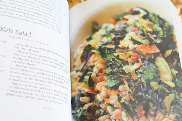 Kale salad recipe page and picture with green leaves, carrots