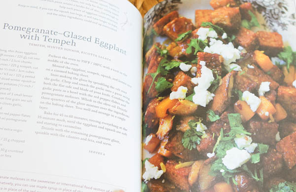 Pomegranate-glazed Eggplant with Tempeh recipe with picture, tempeh, green leaves