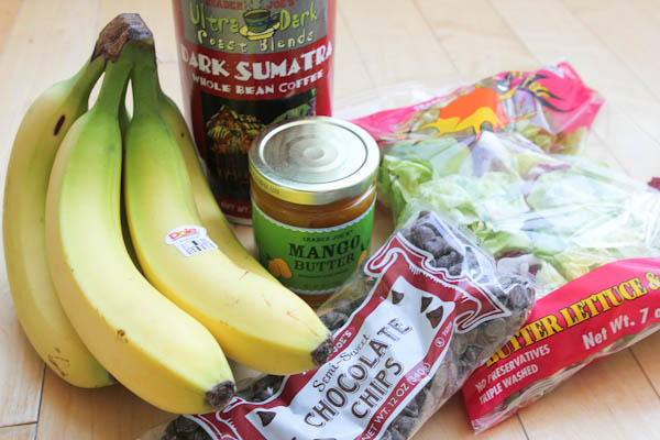 ingredients on countertop: bananas, mango butter, coffee, chocolate chips, and lettuce