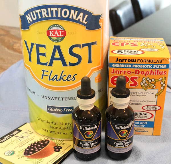 Nutritional Yeast Flakes, Jarro-Daphilus EPS probiotics, and Vanilla Stevia drops