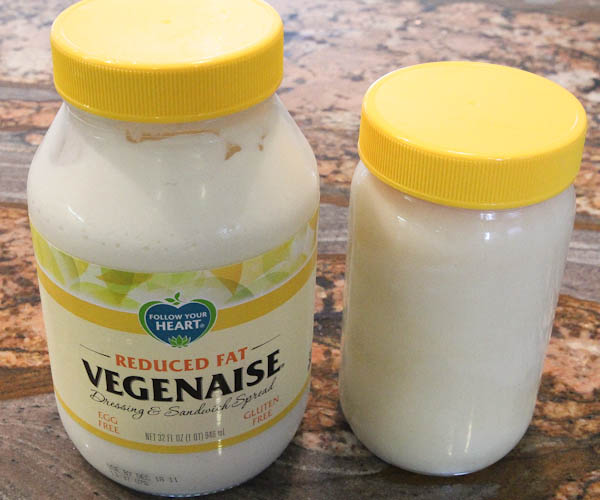 Jar of Vegenaise next to Homemade Vegan Slaw Dressing