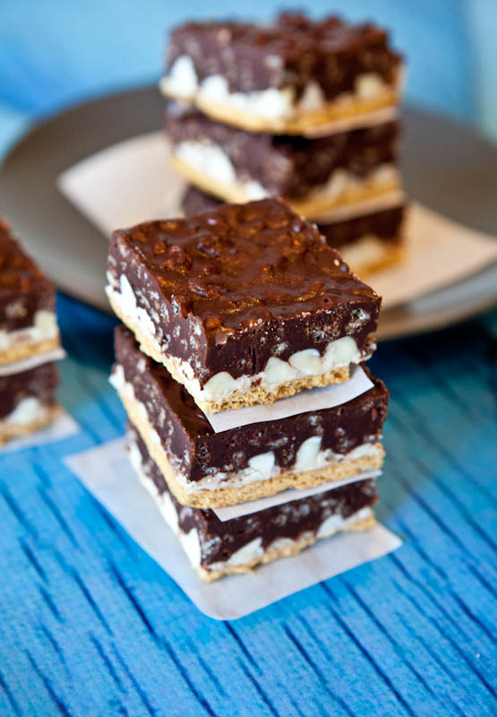 Peanut Butter Cocoa Krispies Smores Bars stack