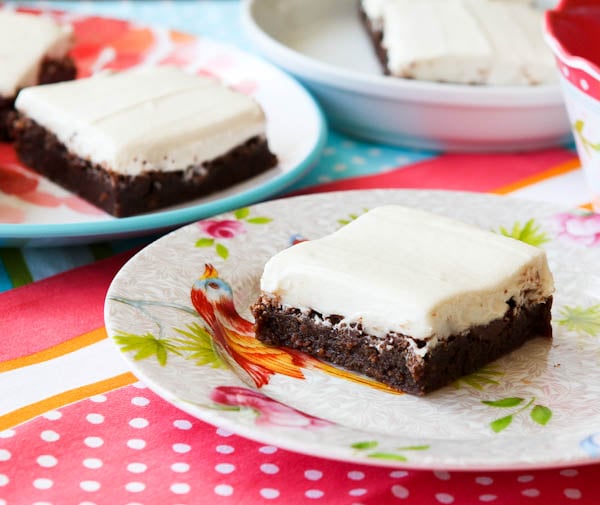 Fudgy Nutella Brownies with Cream Cheese Frosting on floral plates