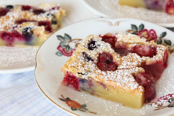 Side view of one sliced Mixed Berry Clafoutis