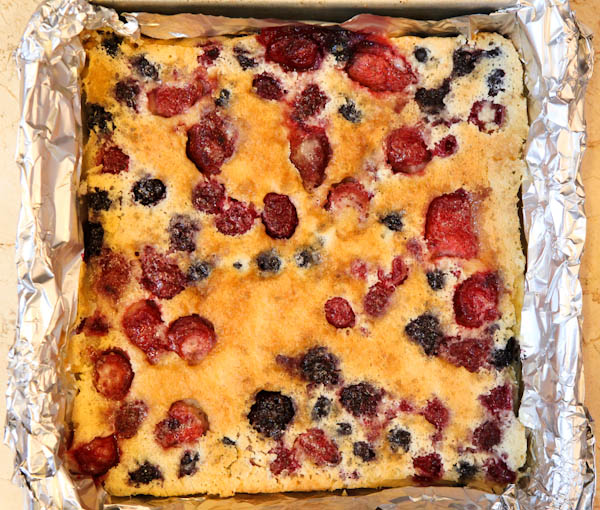 Overhead of Mixed Berry Clafoutis in pan out of oven 