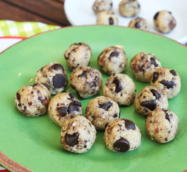 Coconut & Chocolate Chip Cookie Dough Bites on green plate 