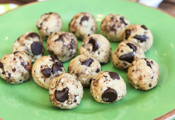 No Bake Coconut & Chocolate Chip Cookie Dough Bites on green plate