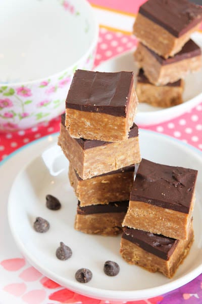 Stacked Nutella and Peanut Butter Graham Bars on white plate