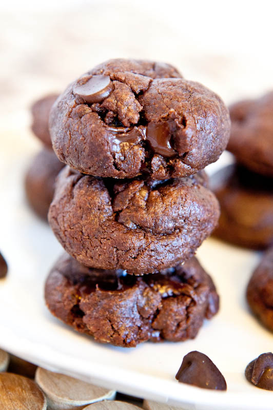 Flourless Chocolate Peanut Butter Chocolate Chip Cookies stacked