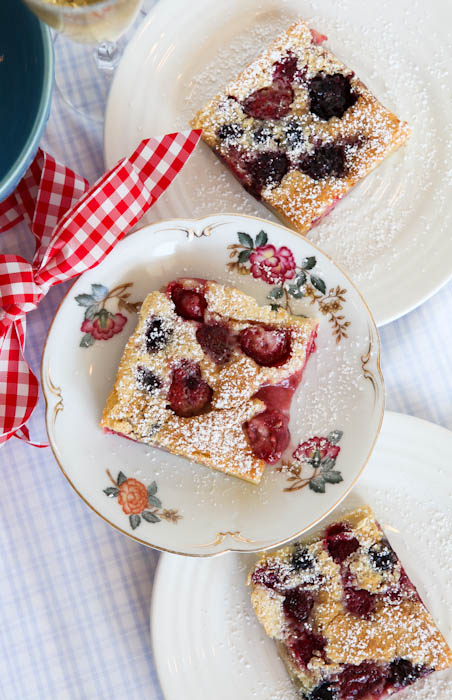 Three plates of Mixed Berry Clafoutis overhead