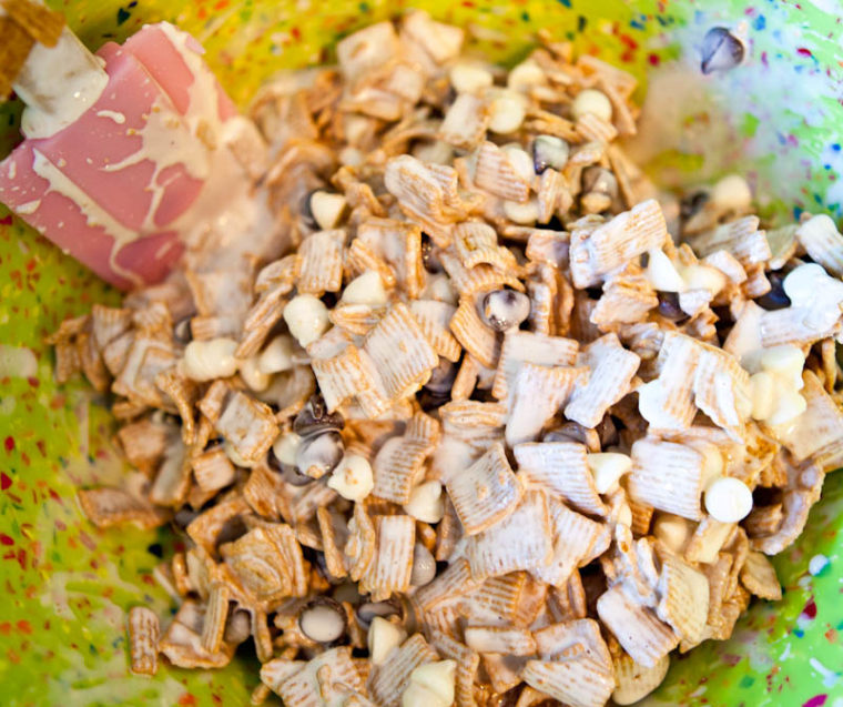 marshmallows + white chocolate chips+ chocolate chips + cereal