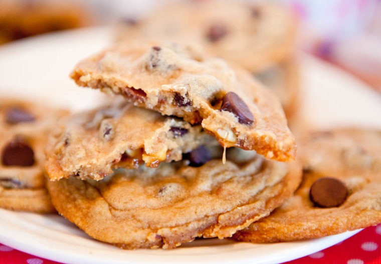 Snickers Bar Stuffed Chocolate Chip Cookies