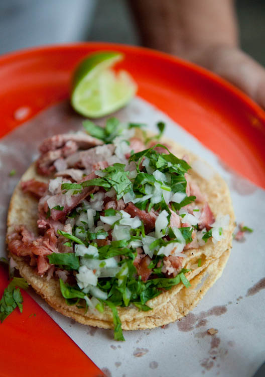 Mexican food on tortillas with lime and cilantro