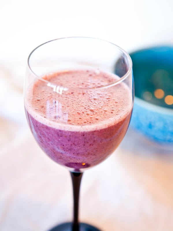 Blueberry Banana Recovery Smoothie in wine glass