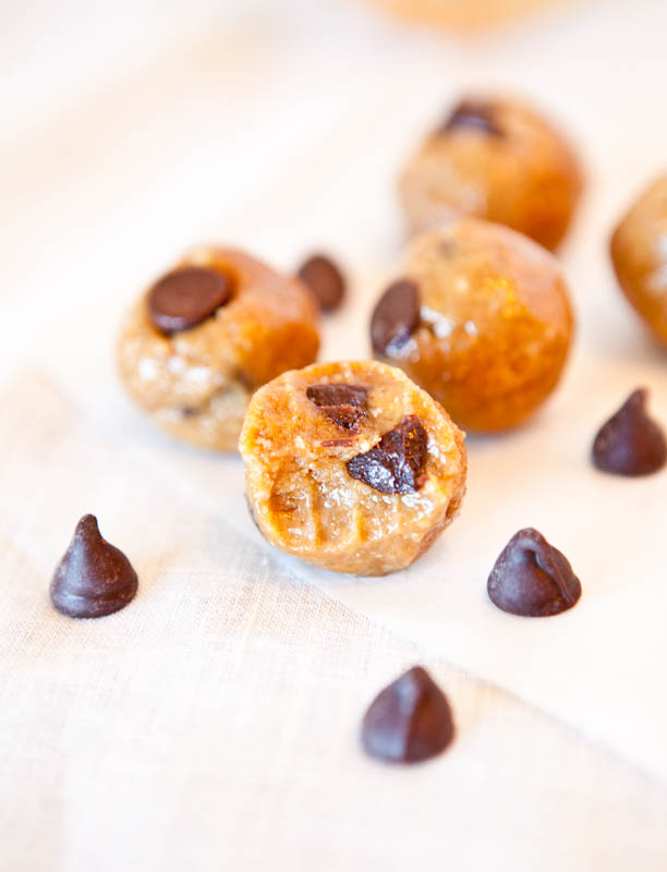 No Bake Peanut Butter Biscoff Cookie Dough Bites with bite taken out of one