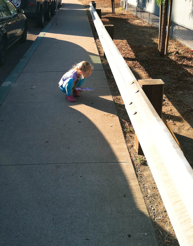 Skylar crouching on the sidewalk
