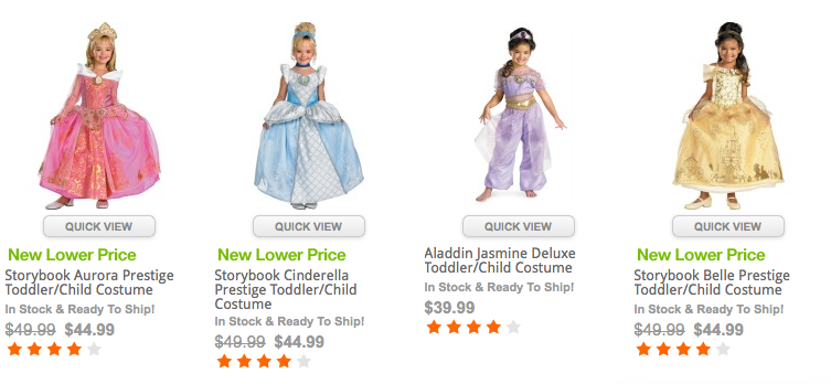 Aurora, Cinderella, Jasmine, and Belle costume listings